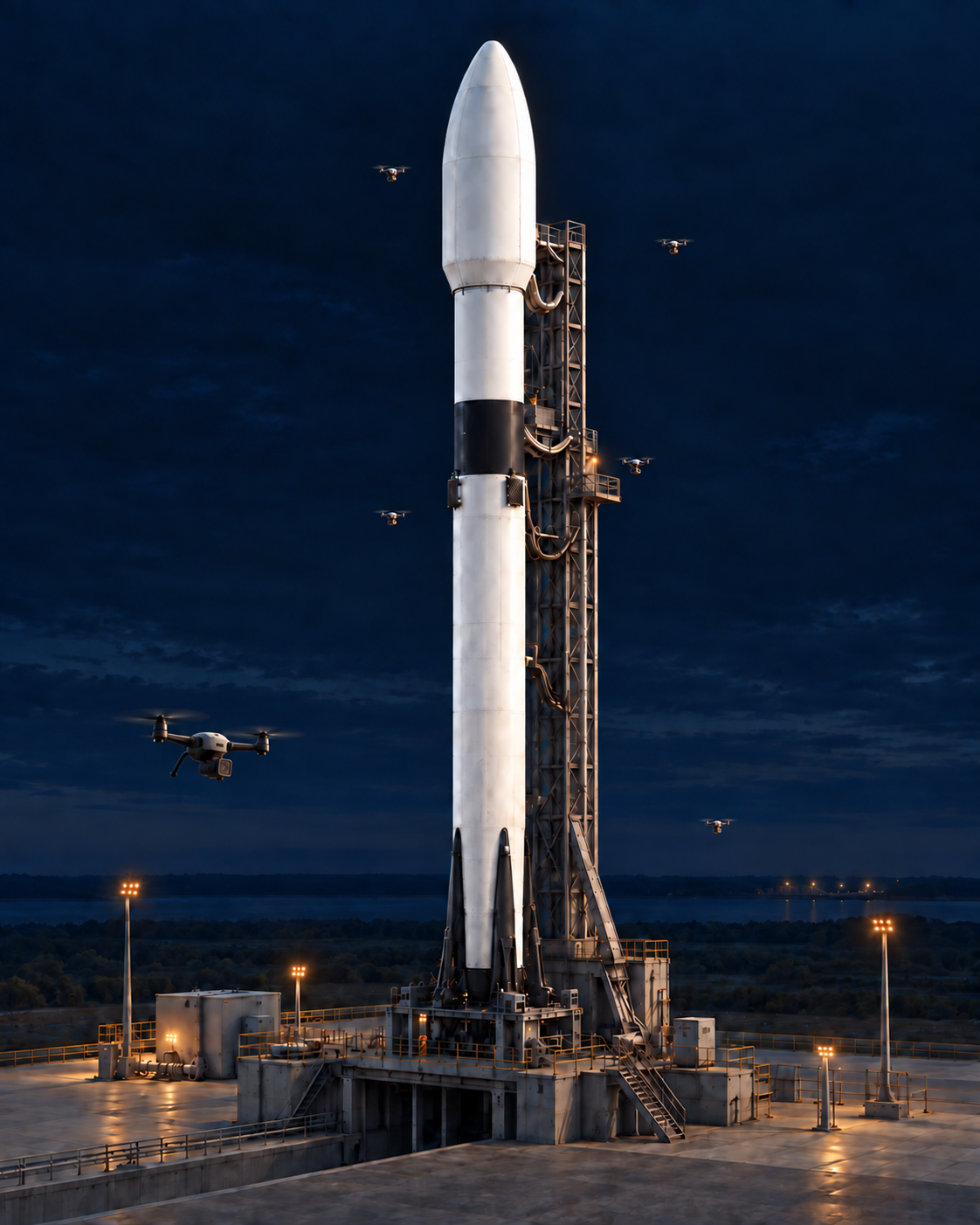 Generated concept showing six inspection drones around a launch vehicle and its service structure.